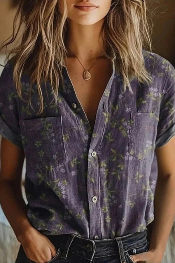 Jacqueline │ Women's Floral Linen Lapel Collar Short Sleeve Blouse