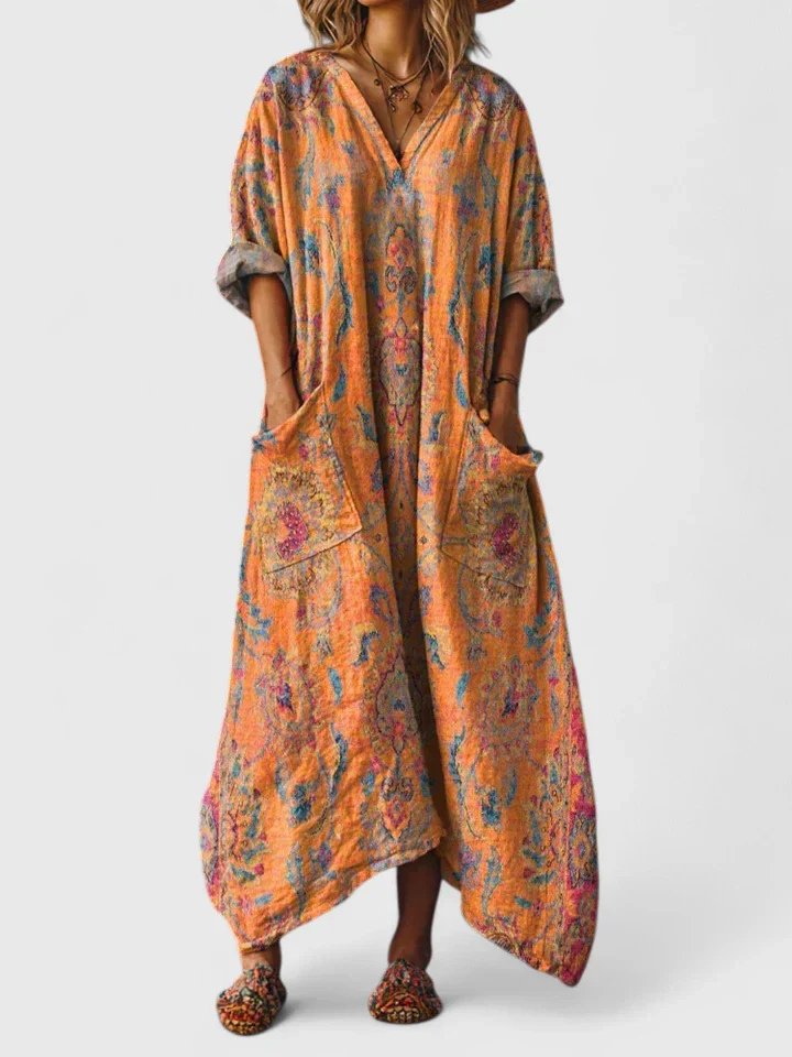 Wisteria │ Women's Paisley Print Oversized Maxi Dress With Front Pockets And V-Neck