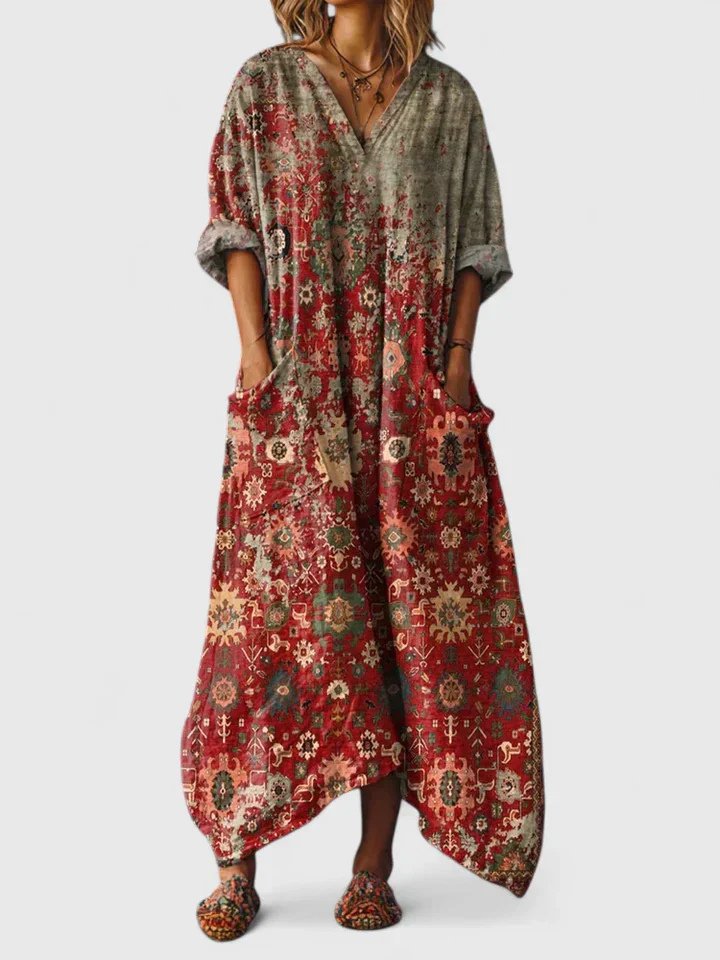Wisteria │ Women's Paisley Print Oversized Maxi Dress With Front Pockets And V-Neck