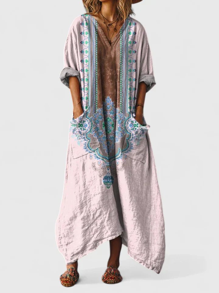 Wisteria │ Women's Paisley Print Oversized Maxi Dress With Front Pockets And V-Neck