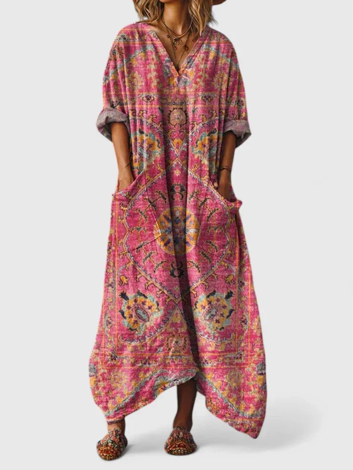 Wisteria │ Women's Paisley Print Oversized Maxi Dress With Front Pockets And V-Neck