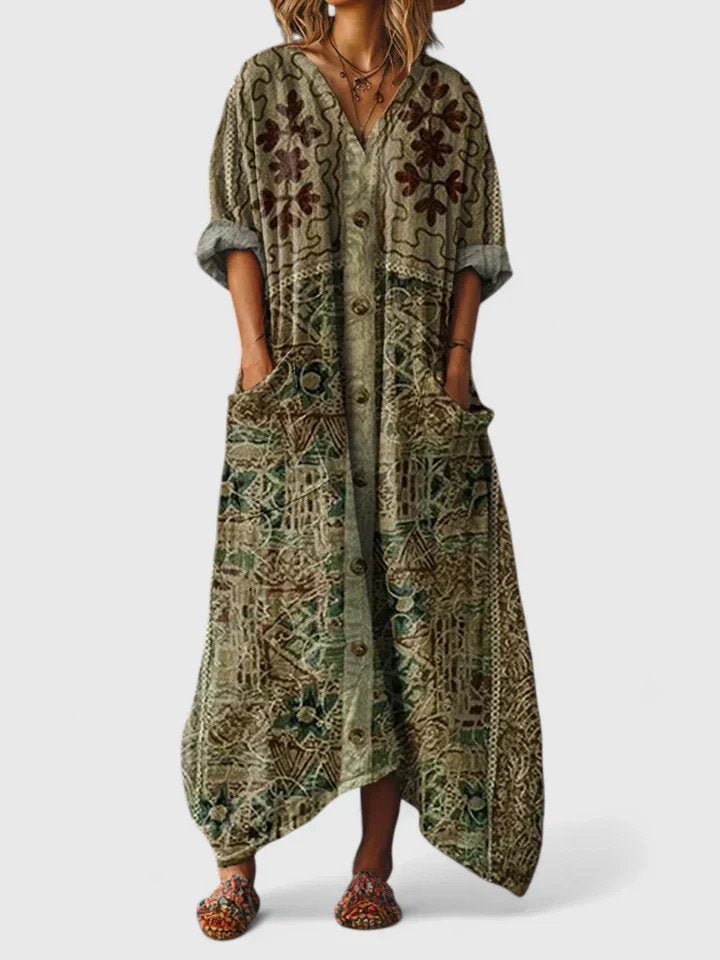 Wisteria │ Women's Paisley Print Oversized Maxi Dress With Front Pockets And V-Neck
