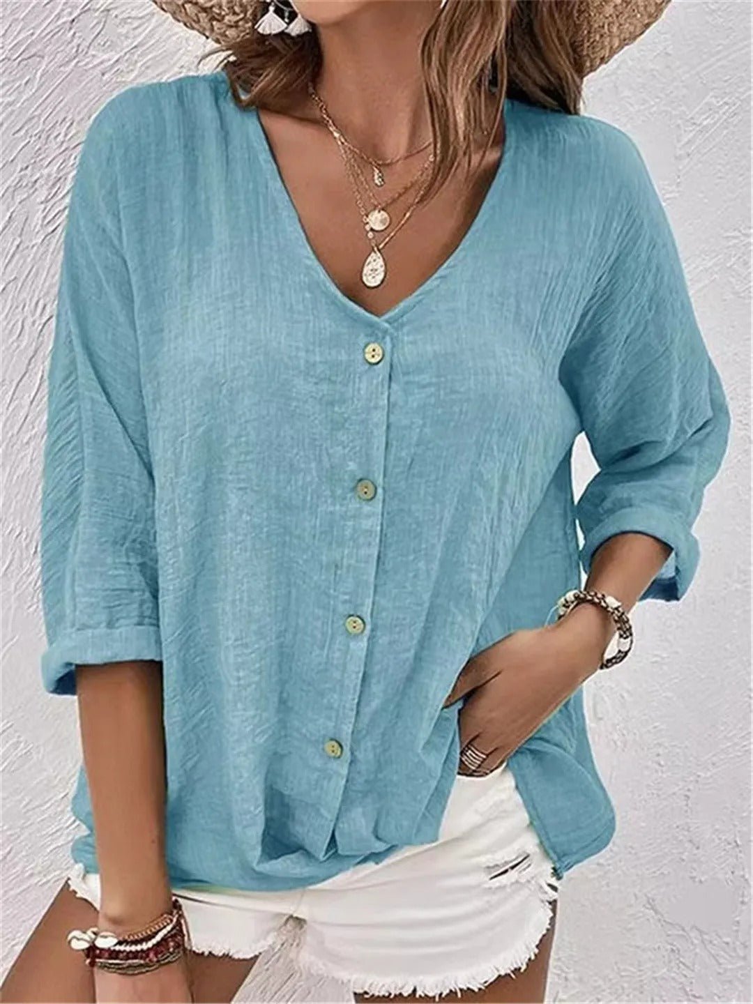 Roberta │ Women's Linen V-Neck Button Front Three-Quarter Sleeve Top