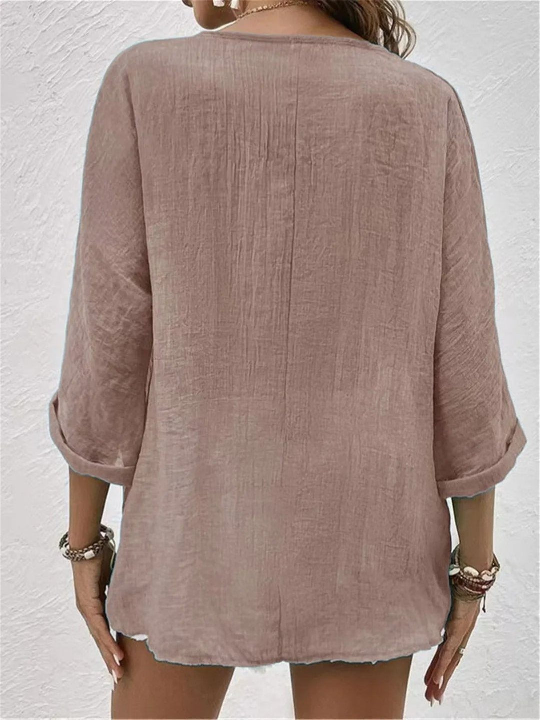 Roberta │ Women's Linen V-Neck Button Front Three-Quarter Sleeve Top