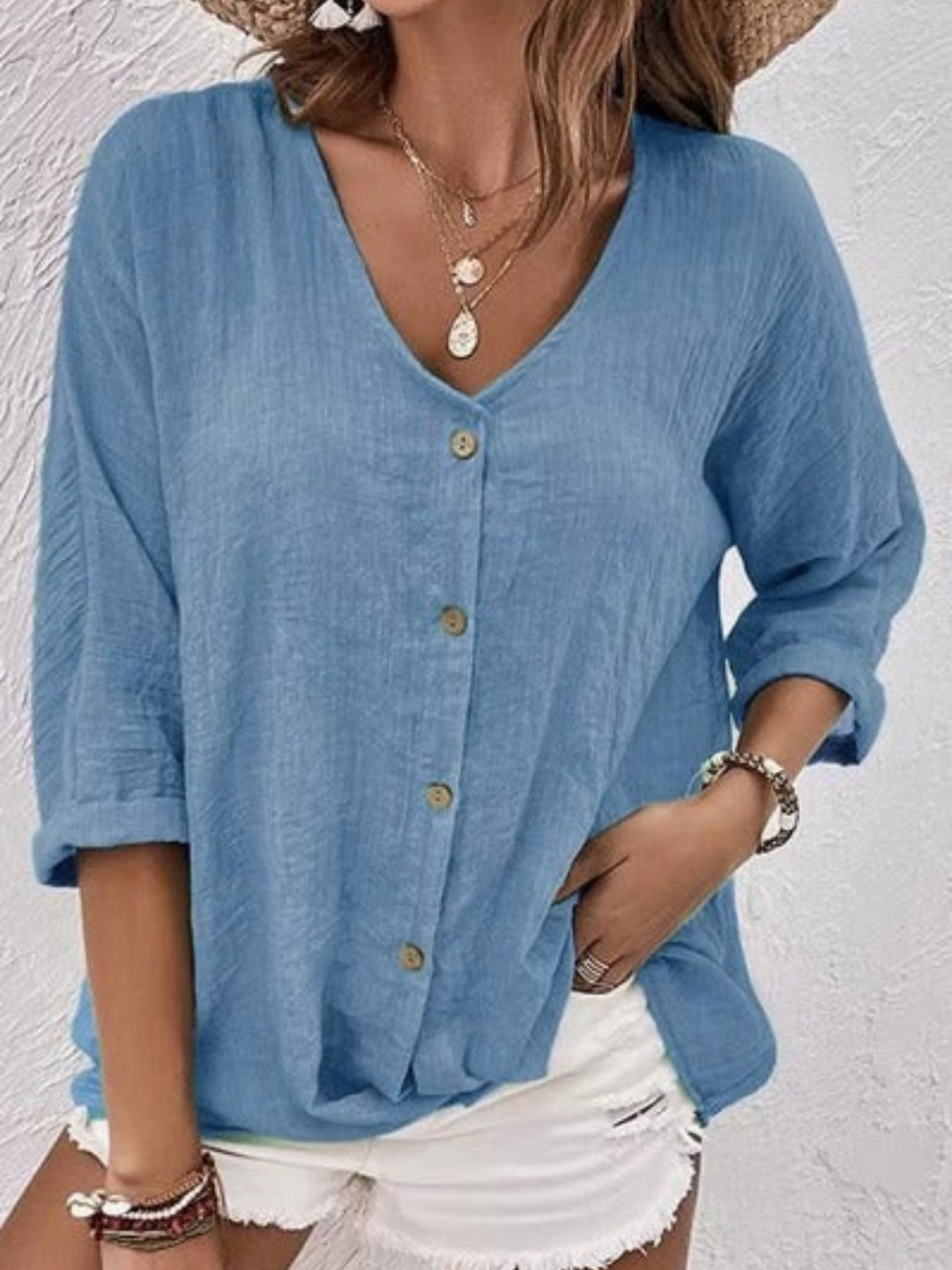 Roberta │ Women's Linen V-Neck Button Front Three-Quarter Sleeve Top