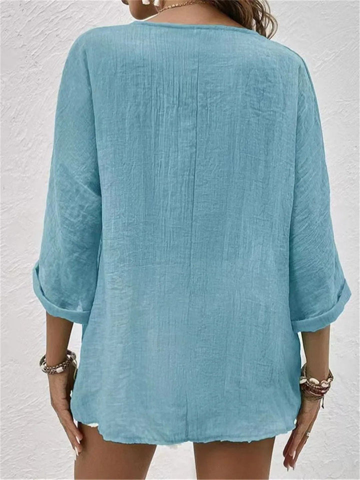 Roberta │ Women's Linen V-Neck Button Front Three-Quarter Sleeve Top