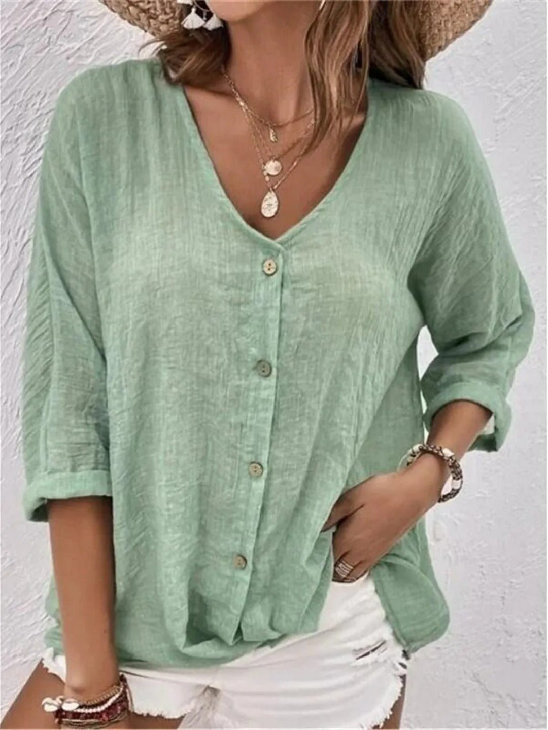 Roberta │ Women's Linen V-Neck Button Front Three-Quarter Sleeve Top