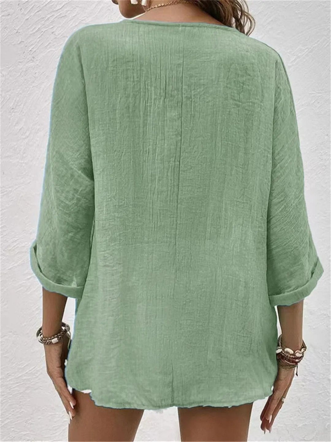 Roberta │ Women's Linen V-Neck Button Front Three-Quarter Sleeve Top