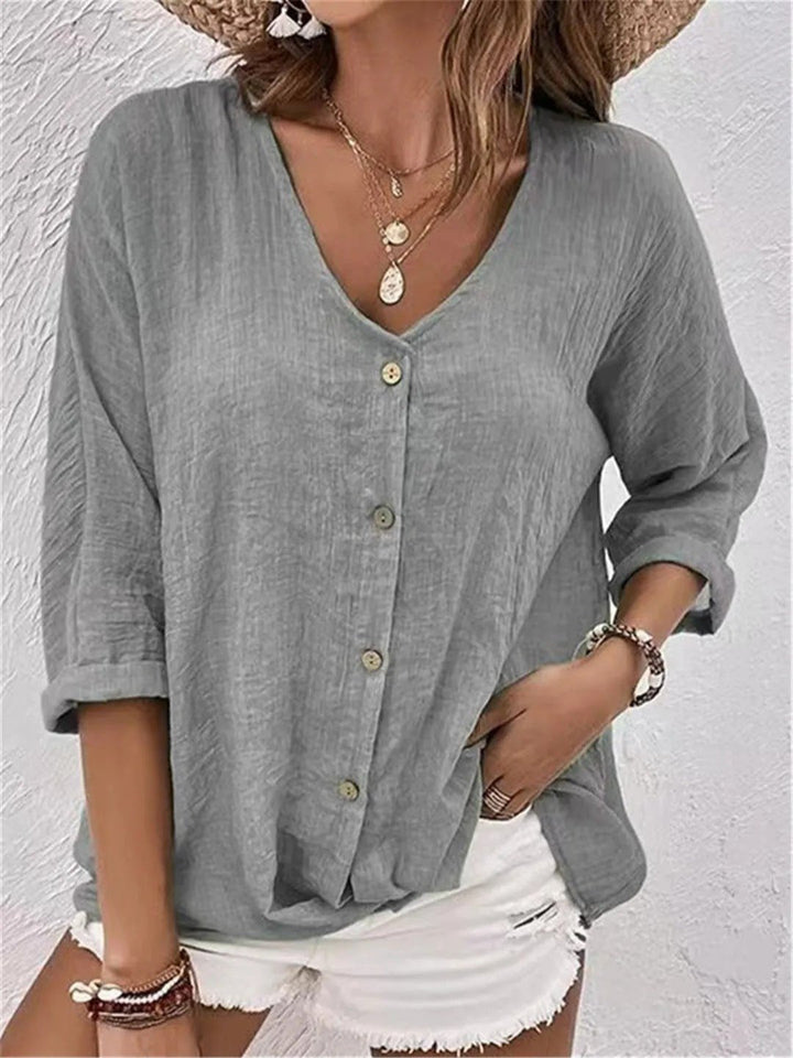 Roberta │ Women's Linen V-Neck Button Front Three-Quarter Sleeve Top