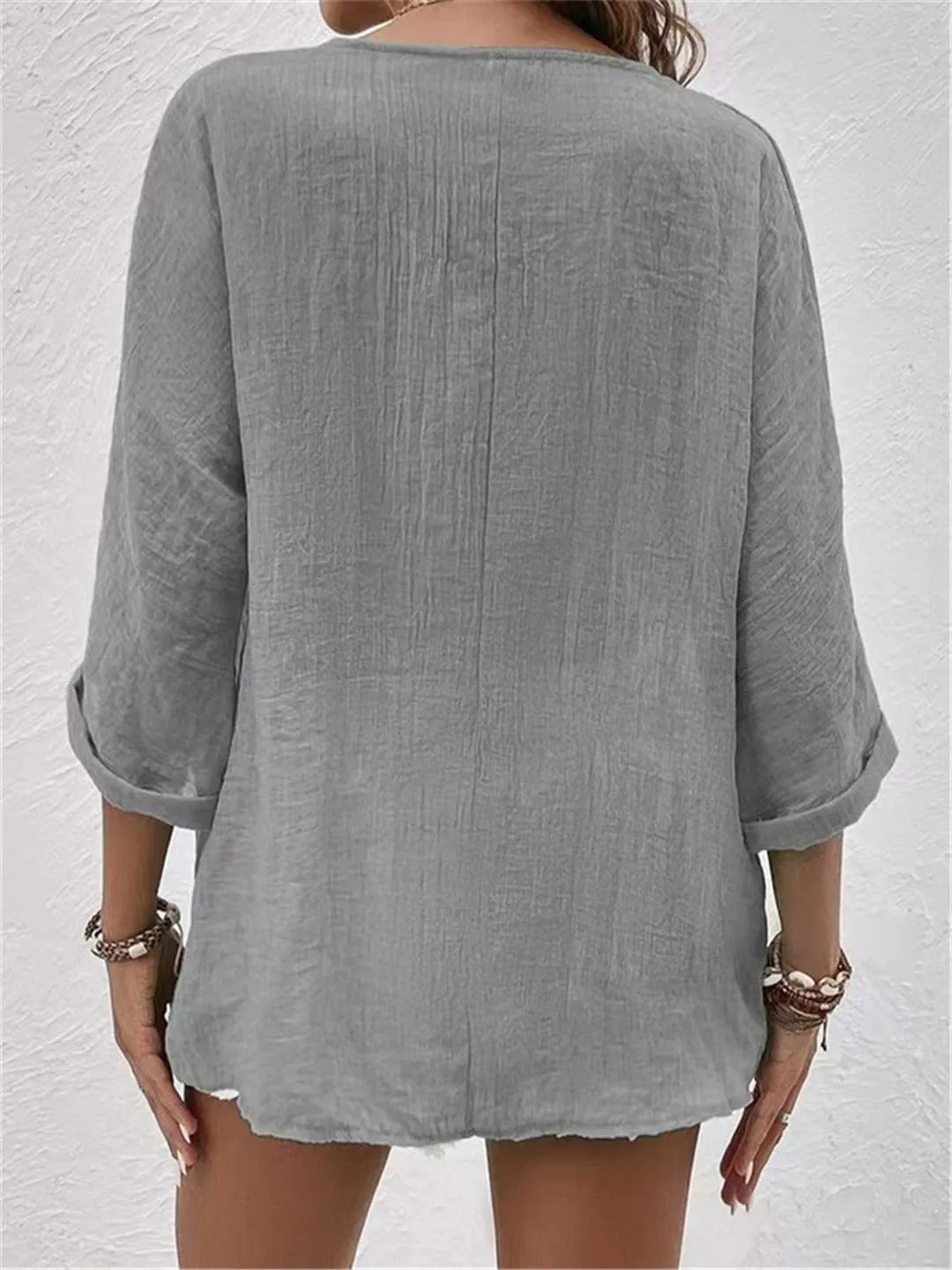 Roberta │ Women's Linen V-Neck Button Front Three-Quarter Sleeve Top