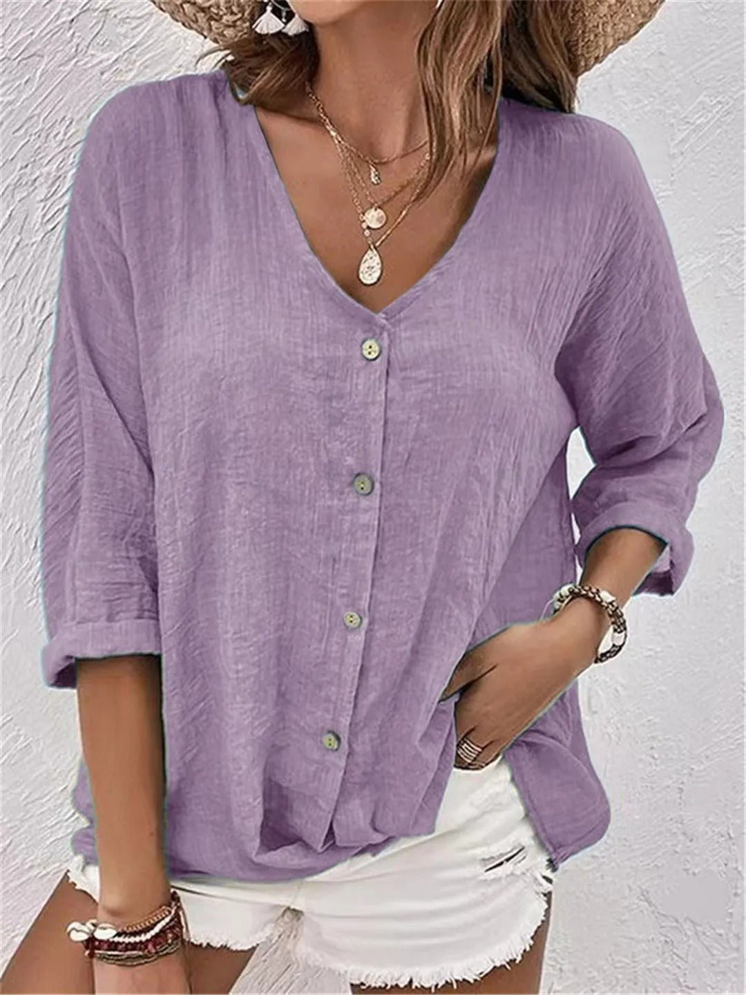 Roberta │ Women's Linen V-Neck Button Front Three-Quarter Sleeve Top