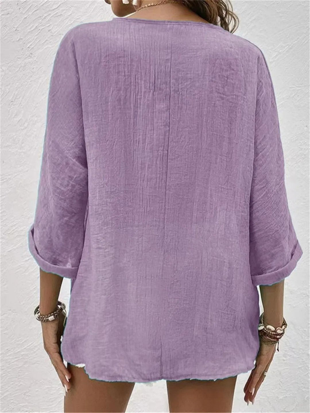 Roberta │ Women's Linen V-Neck Button Front Three-Quarter Sleeve Top
