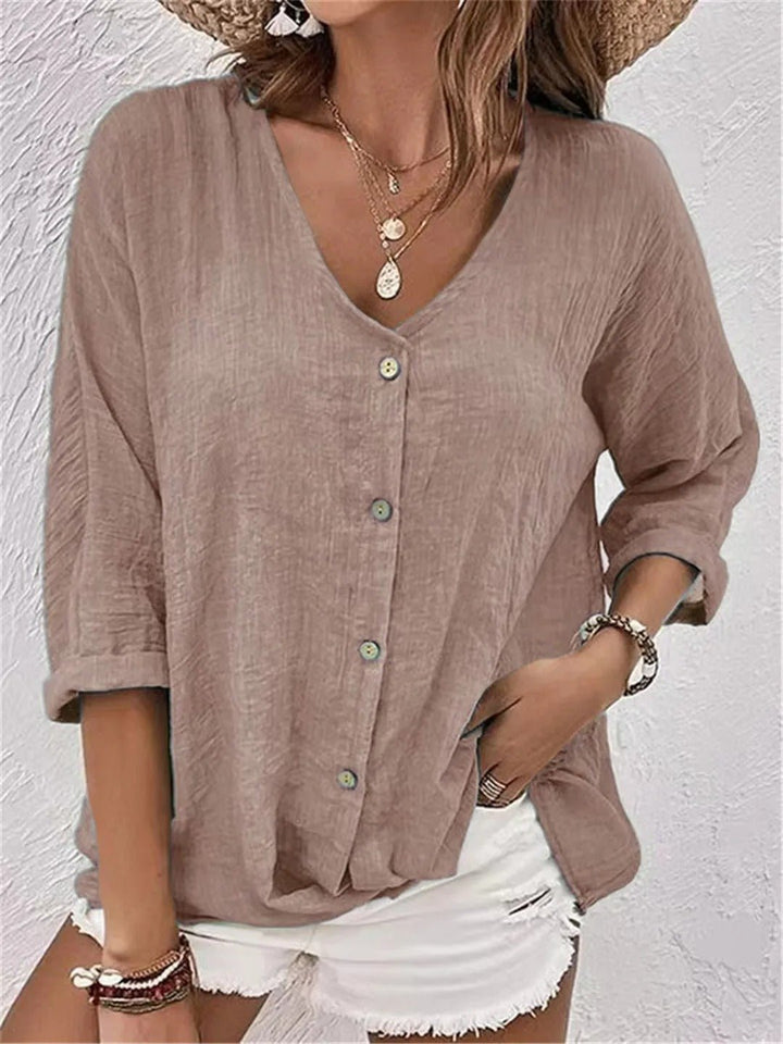 Roberta │ Women's Linen V-Neck Button Front Three-Quarter Sleeve Top