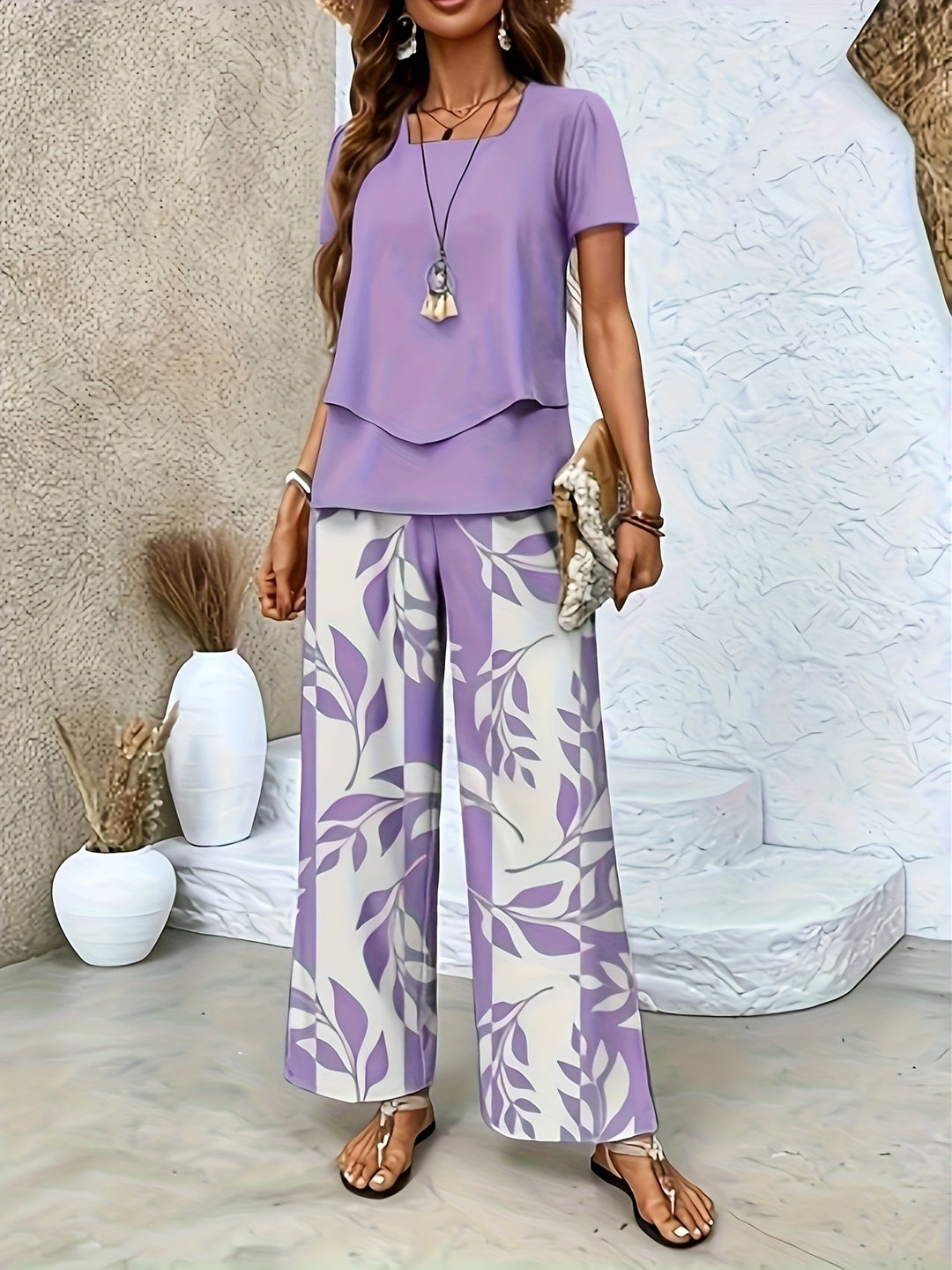 Nora │ Women's Short Sleeve Top And Wide Leg Trousers Two Piece Set