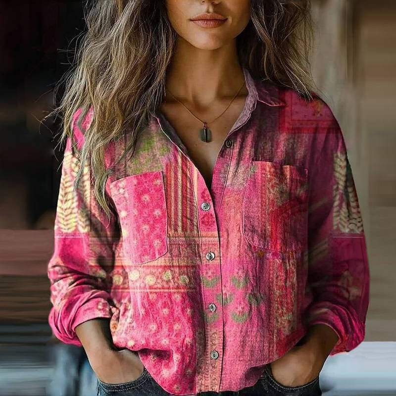 Vivienne │ Women's Paisley Print Band Collar Long Sleeve Button Front Blouse