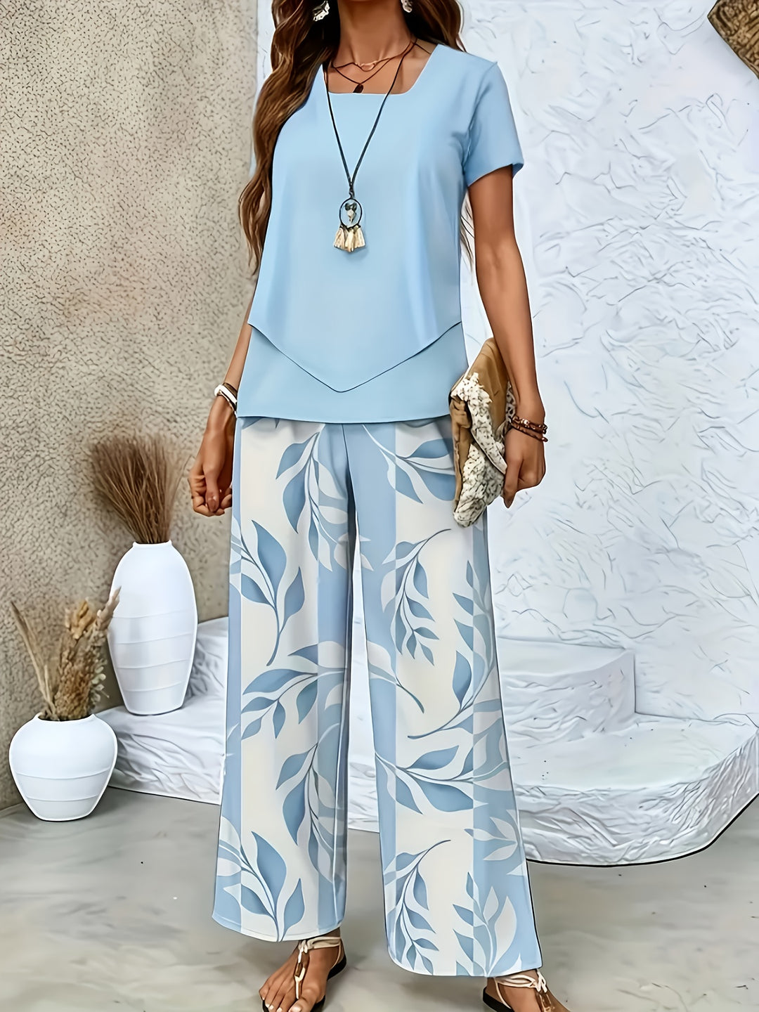 Nora │ Women's Short Sleeve Top And Wide Leg Trousers Two Piece Set