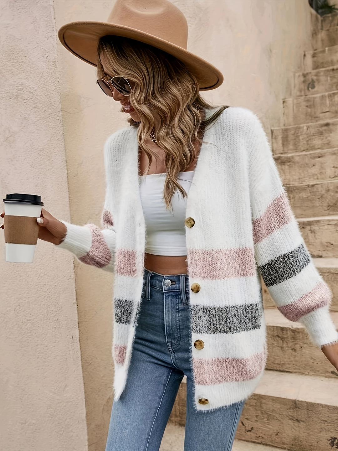 Muriel │ Women's Drop Shoulder Button Front Stripe Knit Cardigan