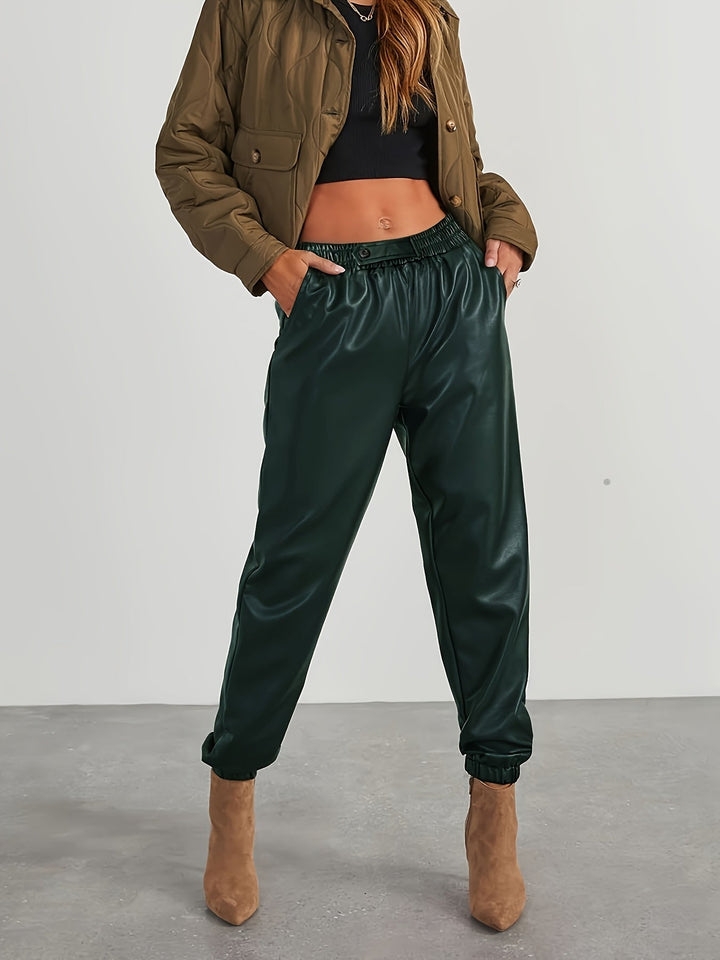 Martha │ Women's Leather-Look Tapered Trousers With Elasticated Waist And Cuffed Ankles