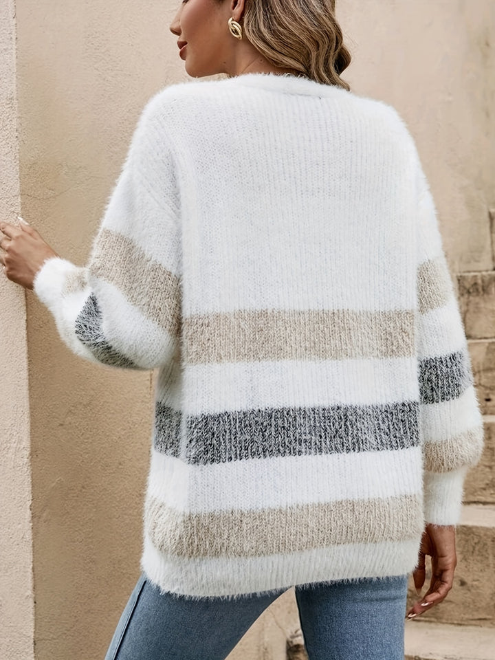 Muriel │ Women's Drop Shoulder Button Front Stripe Knit Cardigan