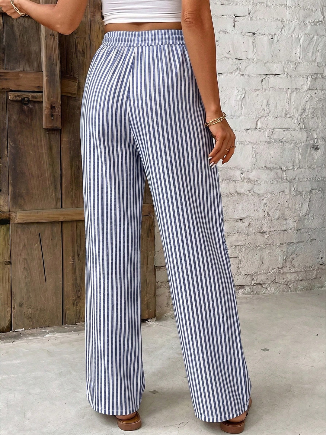 Georgina │ Women's Stripe Print Elastic Waist Wide Leg Trousers