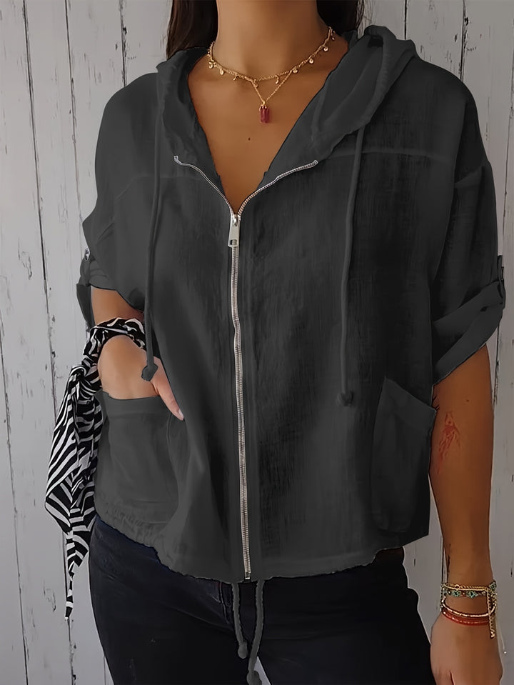 Harriet │ Women's Hooded Short Sleeve Zip Front Top