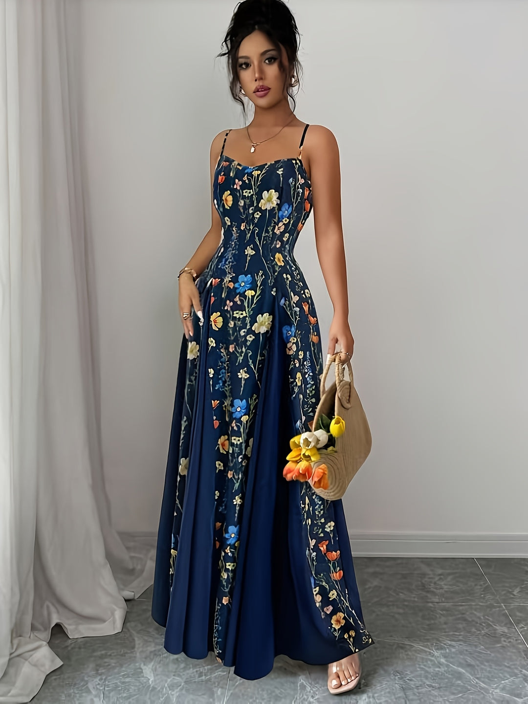 Naomi │ Women's Floral Print Wedding Guest Maxi Dress With Spaghetti Straps