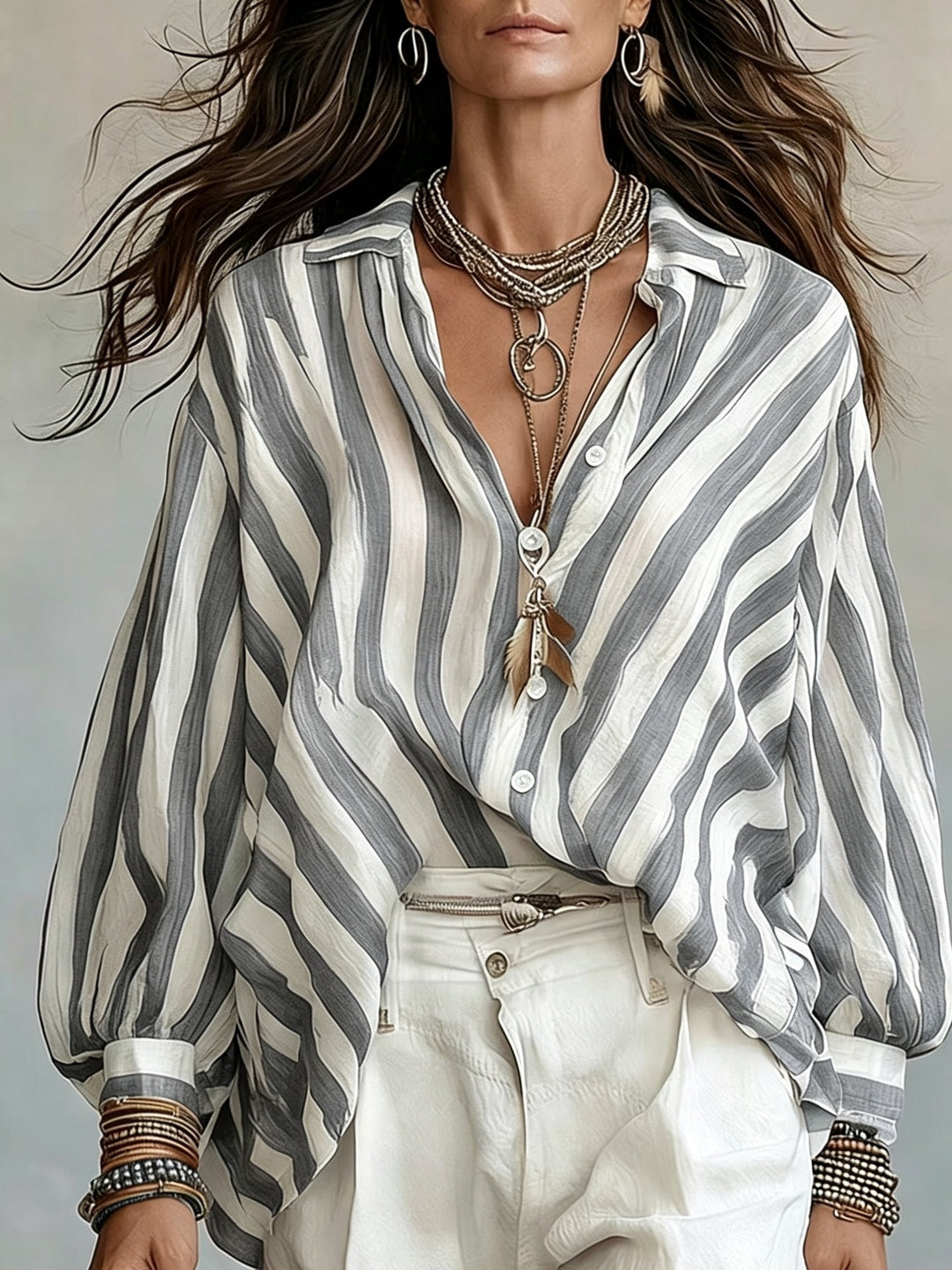 Vera │ Women's Stripe Print Long Sleeve Button Front Shirt