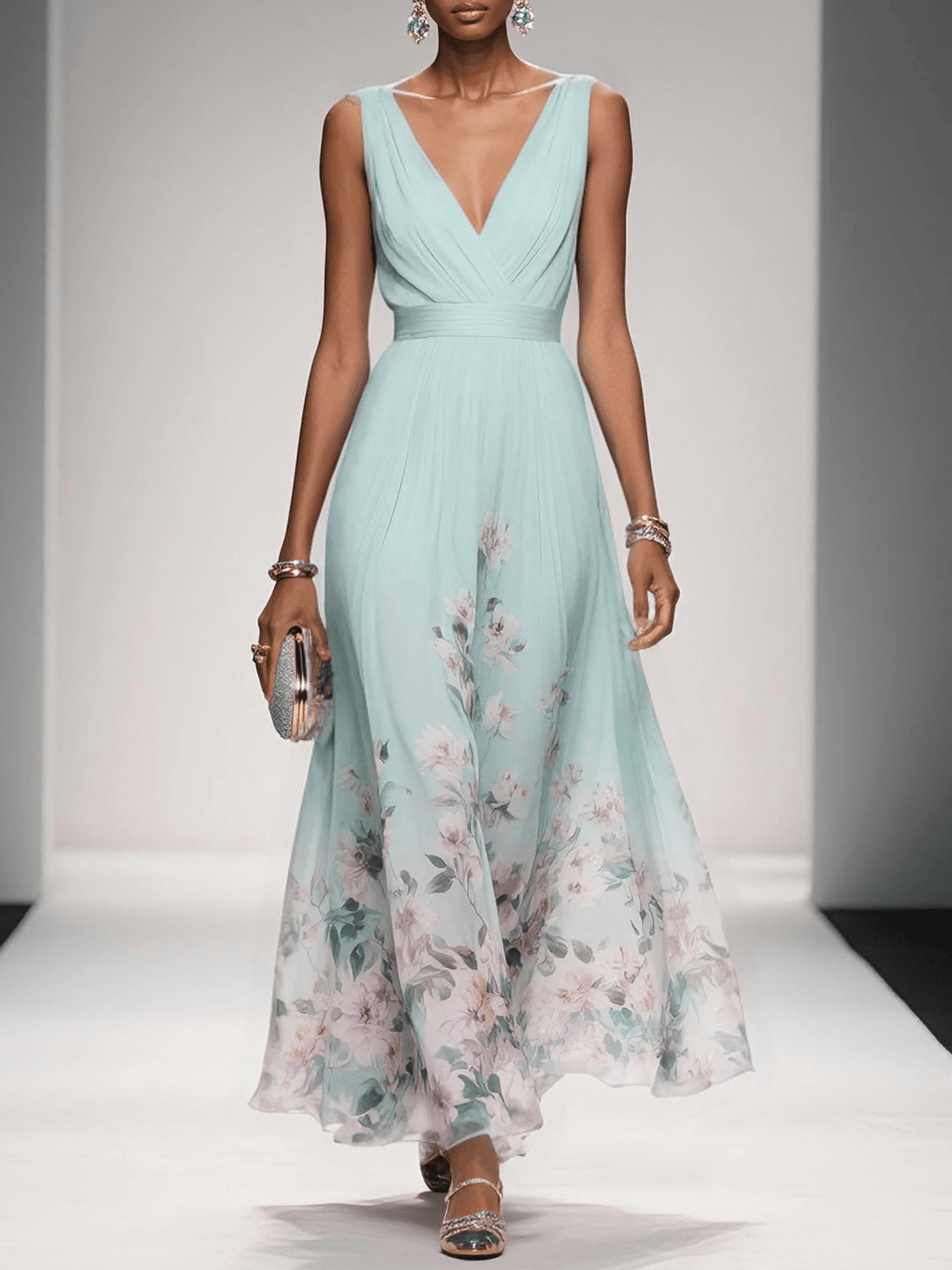 Grace | Women's V-Neck Ruched Bodice Floral Border Maxi Dress