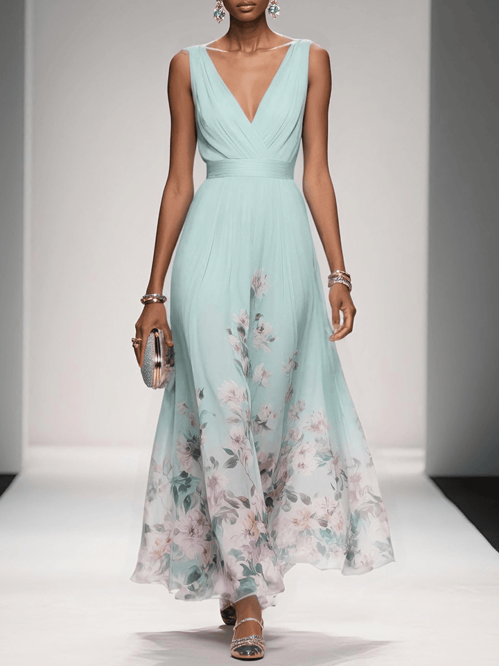 Grace | Women's V-Neck Ruched Bodice Floral Border Maxi Dress