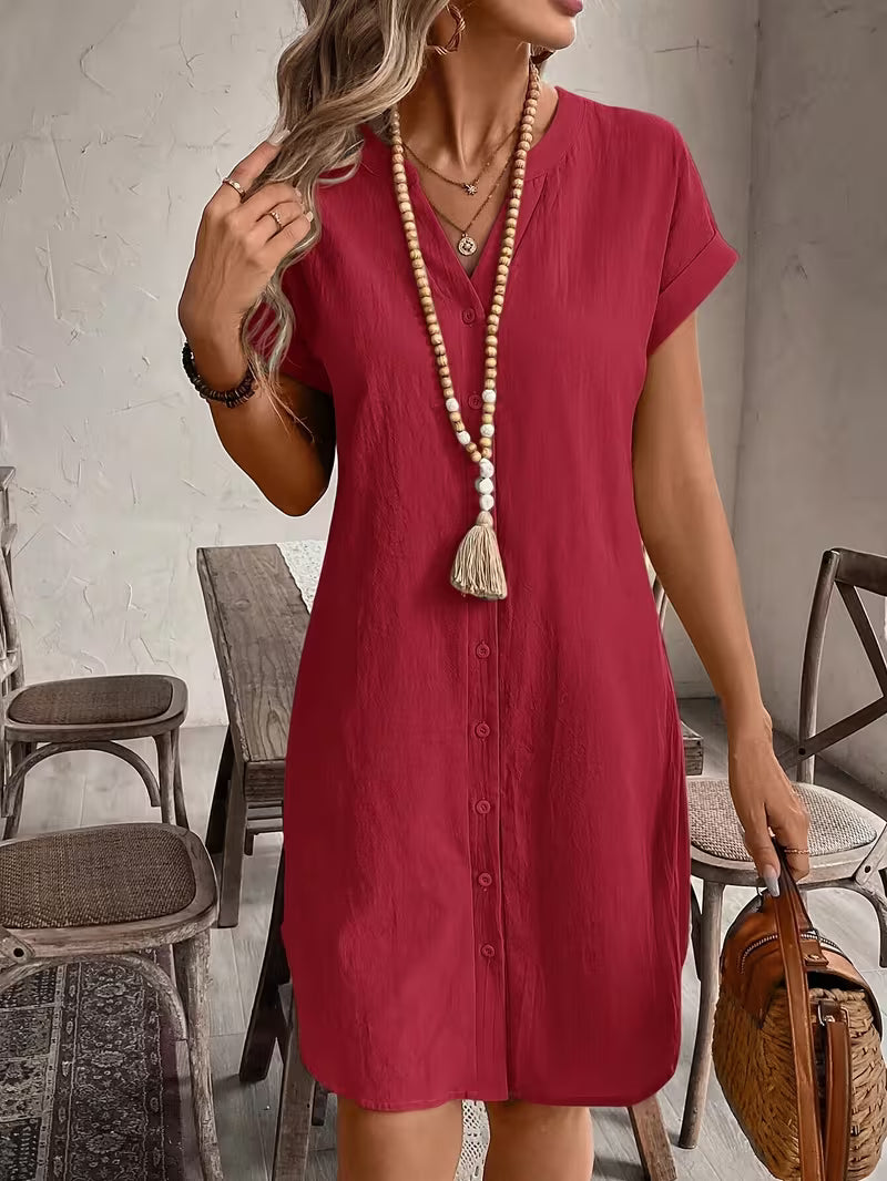 Matilda | Women's V-Neck Button-Through Short Sleeve Midi Shirt Dress