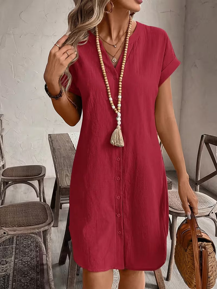 Matilda | Women's V-Neck Button-Through Short Sleeve Midi Shirt Dress