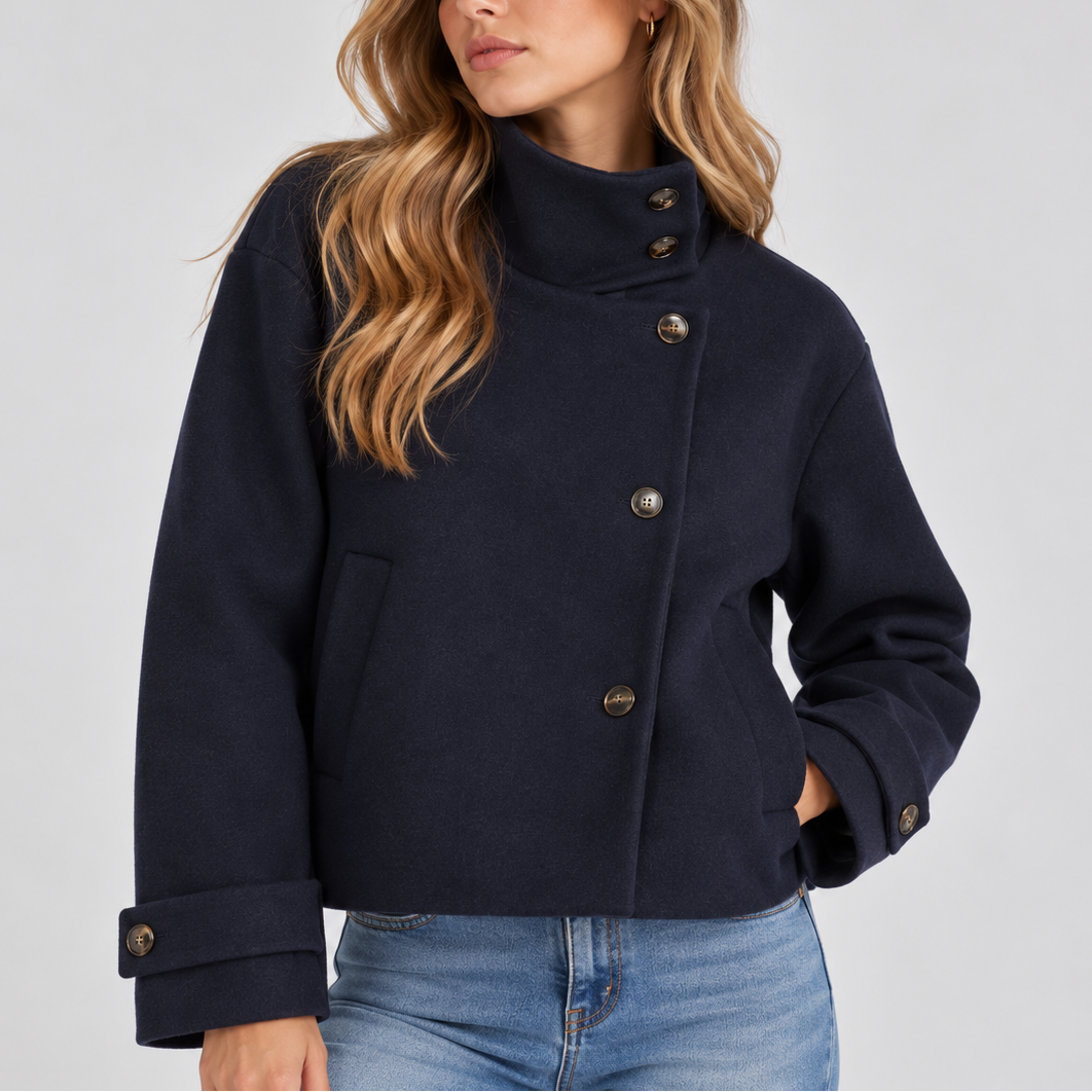 Gemma │ Women's High Neck Cropped Jacket With Asymmetric Button Front