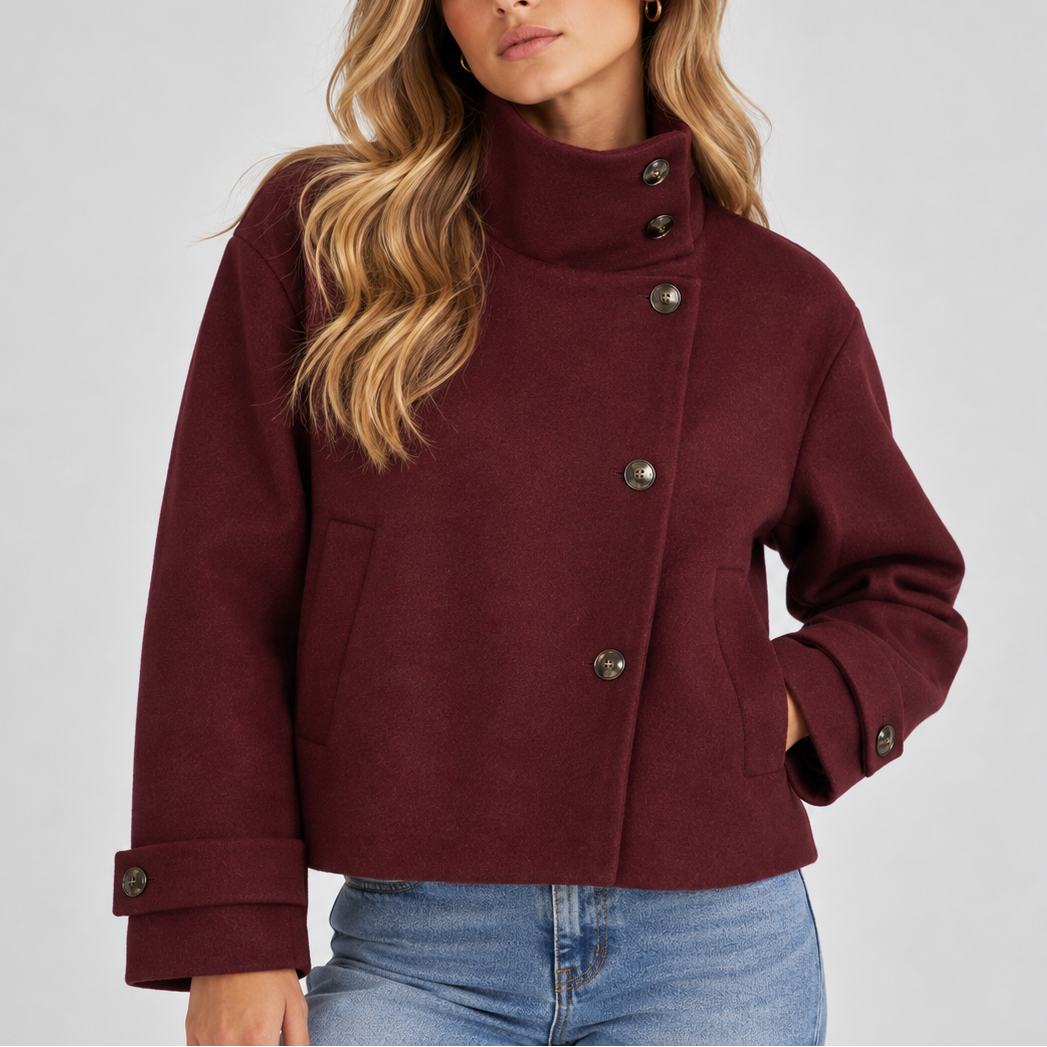 Gemma │ Women's High Neck Cropped Jacket With Asymmetric Button Front