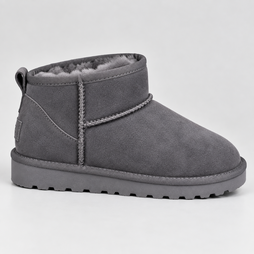Violaine | Black Leather Flat Ankle Boots Winter Casual — Gray