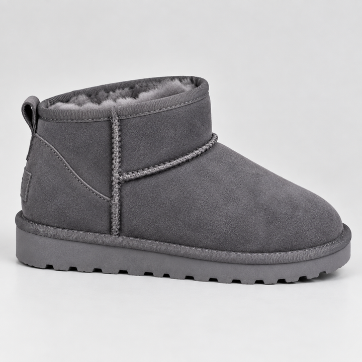 Violaine | Black Leather Flat Ankle Boots Winter Casual — Gray