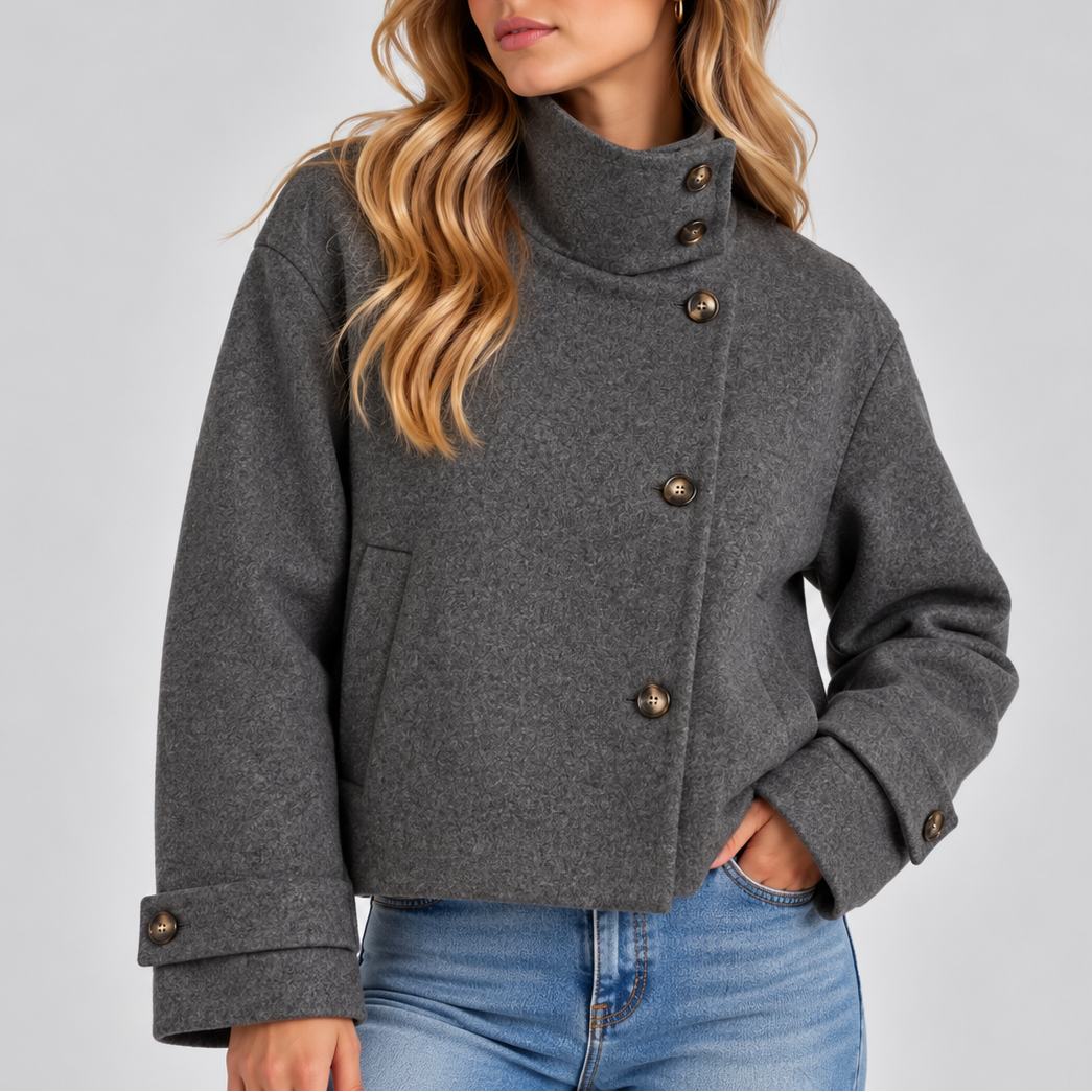 Gemma │ Women's High Neck Cropped Jacket With Asymmetric Button Front