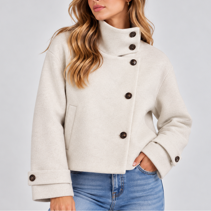Gemma │ Women's High Neck Cropped Jacket With Asymmetric Button Front