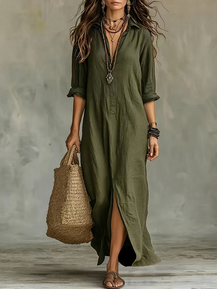 Olivia | Women's Collared Button Front Side Split Maxi Shirt Dress