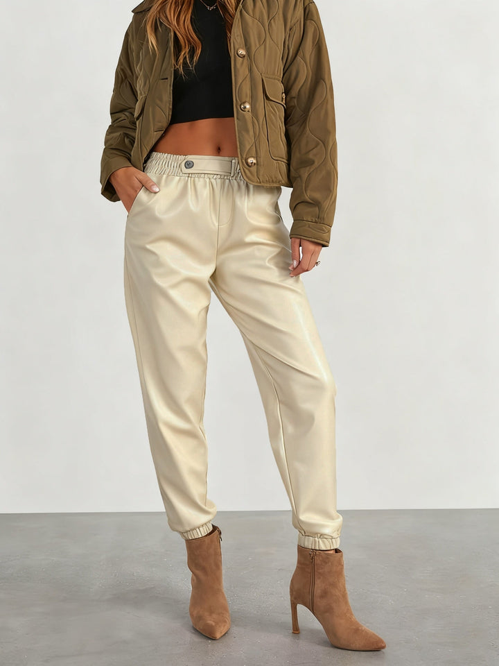 Martha │ Women's Leather-Look Tapered Trousers With Elasticated Waist And Cuffed Ankles