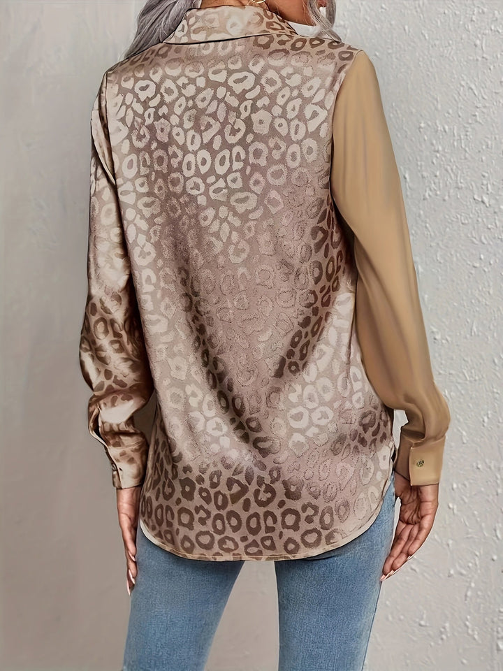 Vera │ Women's Satin Long Sleeve Blouse With Leopard Print