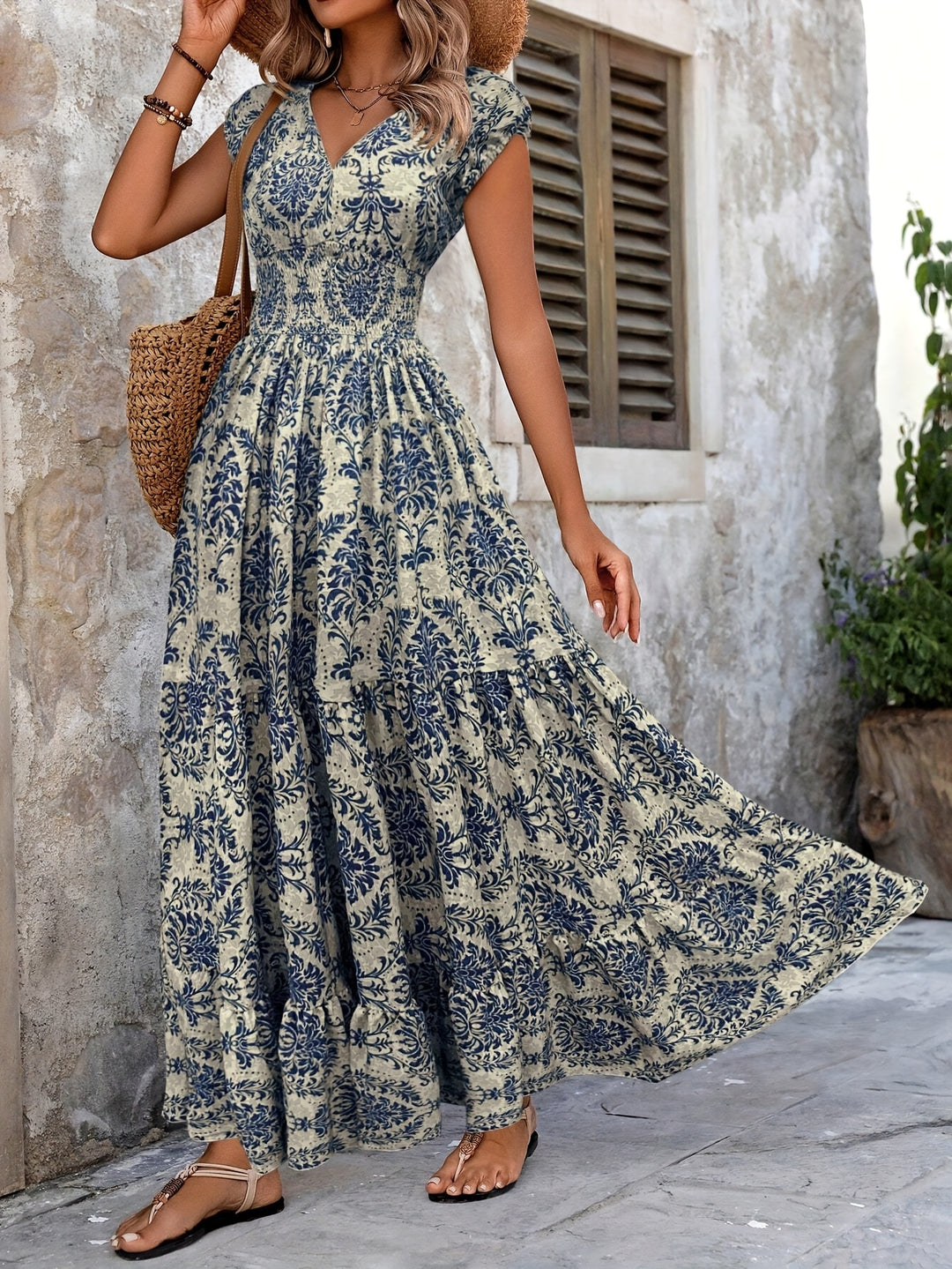 Leona │ Women's V-Neck Short Sleeve Printed Maxi Dress With Waist Tie