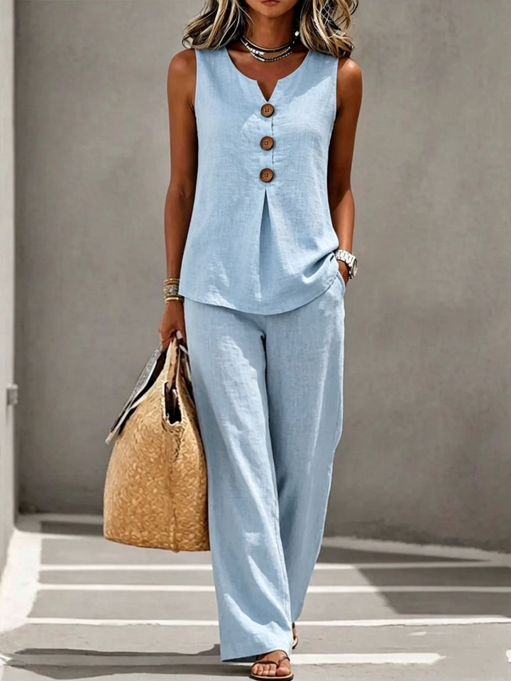 Daisy │ Women's Sleeveless Button Front Top And Wide Leg Trousers Two Piece Set