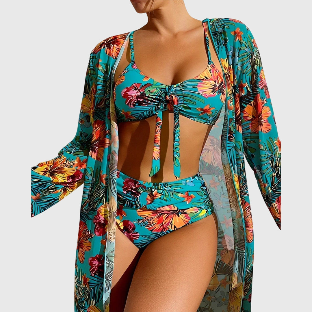 Elena │ Women's Floral Tie-Front Bikini Swimwear Set With Cover-Up