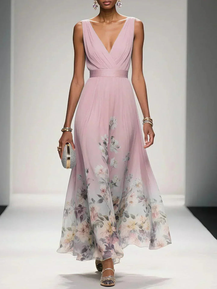 Grace | Women's V-Neck Ruched Bodice Floral Border Maxi Dress