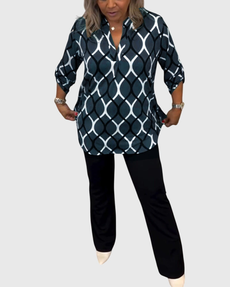 Charlotte │ Women's Long Sleeve V-Neck Blouse With Geometric Print