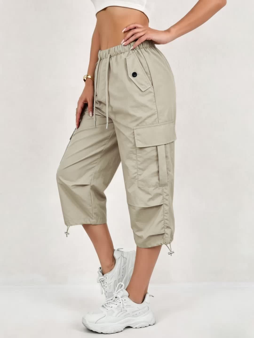 Freya | Women's Loose Fit Drawstring Waist Flap Pocket Cargo Capri Trousers