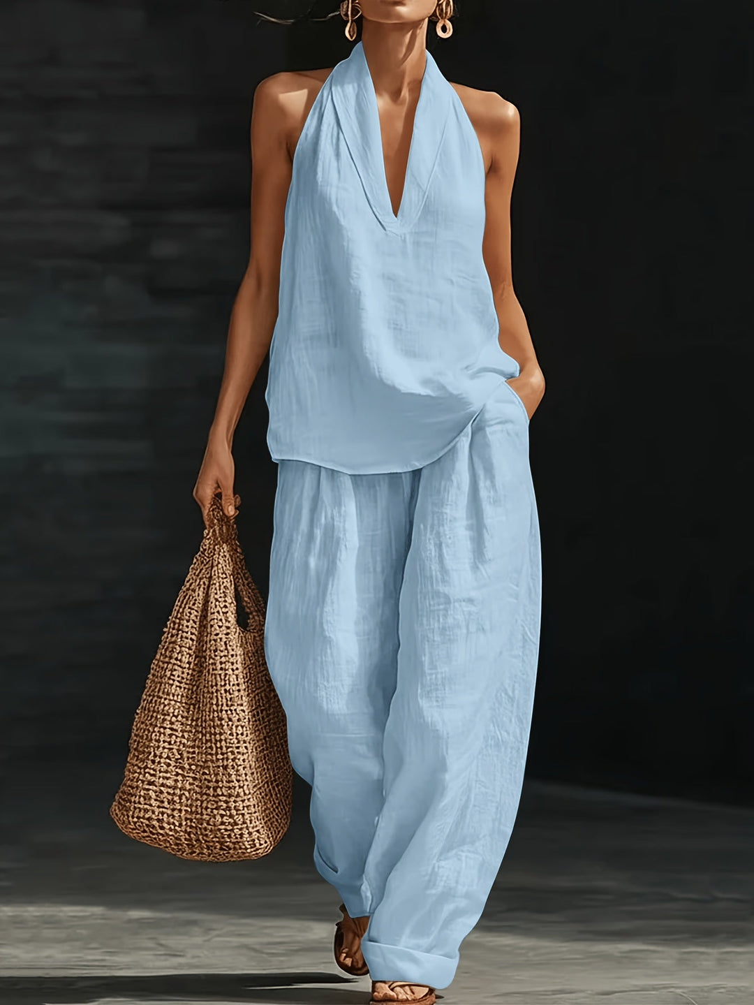 Aria | Women's Halter Neck V-Neck Linen Wide-Leg Co-ord Set