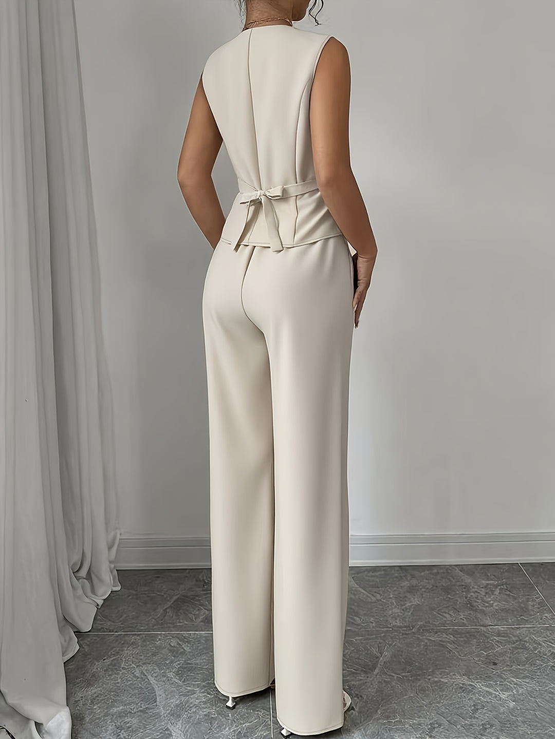 Leona │ Women's Sleeveless Button Front Vest And Straight Leg Trousers Two Piece Set