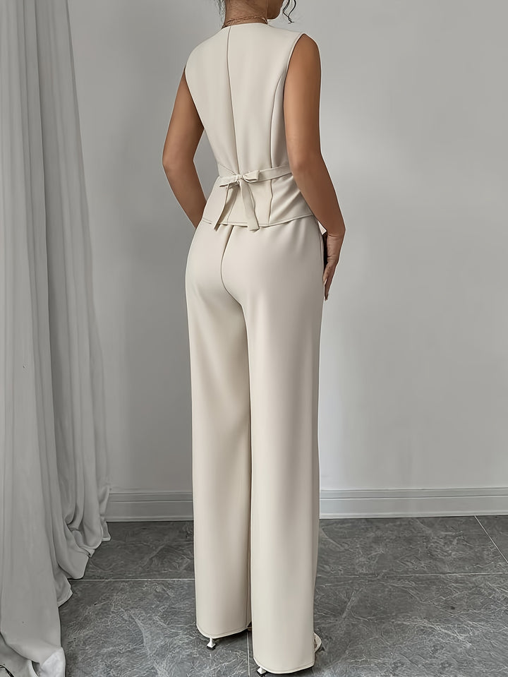 Leona │ Women's Sleeveless Button Front Vest And Straight Leg Trousers Two Piece Set