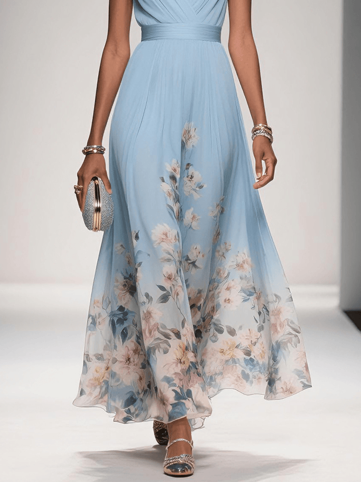 Grace | Women's V-Neck Ruched Bodice Floral Border Maxi Dress